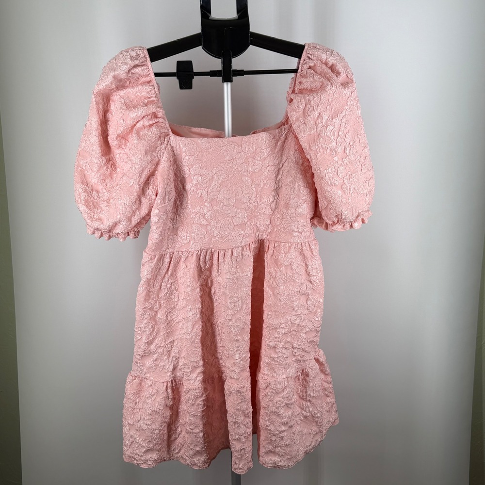 Miss Selfridge Pink Jacquard Puff Sleeve Mini Dress Square Neck‎ Babydoll US 8